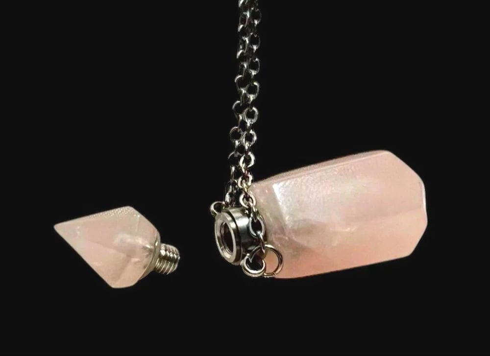 Rose Quartz Perfume Bottle Necklace: Crystal Oil Pendant, Stainless Steel Chain - Lumiren The Haunted Cottage