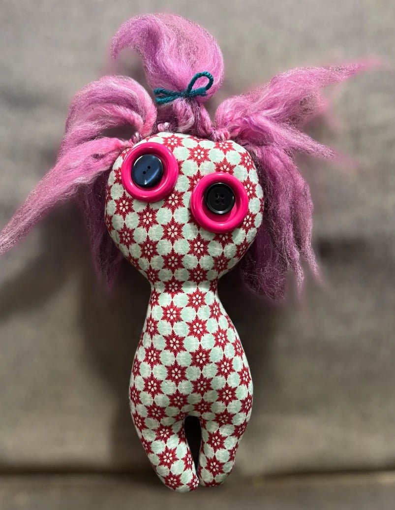 80s Vibe Handmade Poppet Doll – 7 - Inch Yarn Hair Doll with Styled Brushed Yarn, One - of - a - Kind New Materials - Lumiren The Haunted Cottage