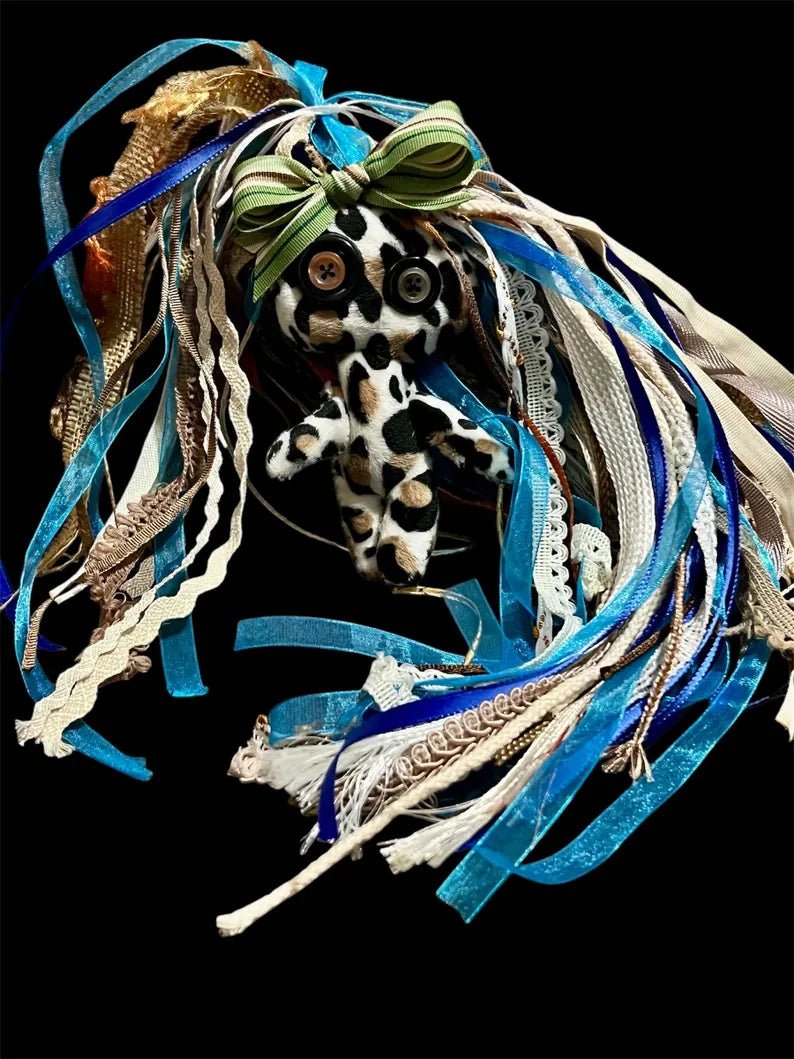 Misfit Minis Pebbles Doll – Handmade 5 - Inch Voodoo - Inspired Poppet with Sewn Ribbon Hair & Removable Green Bow - Lumiren The Haunted Cottage