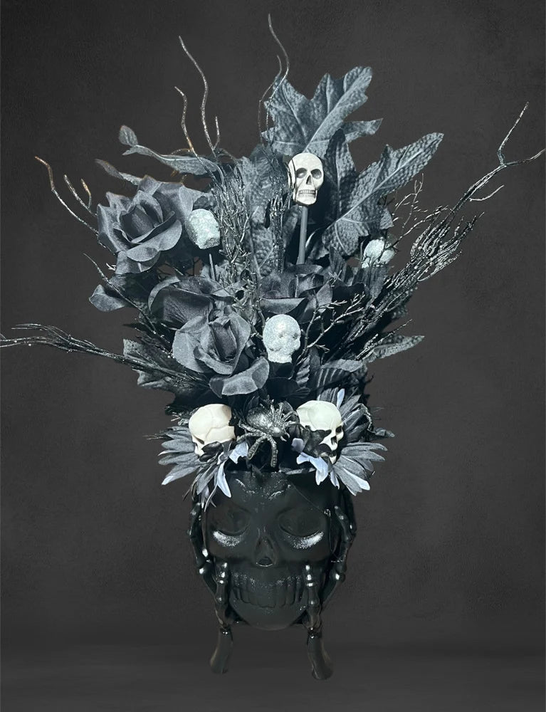 Gothic Skull Floral Arrangement: Halloween Black Roses & Spiders - Lumiren The Haunted Cottage