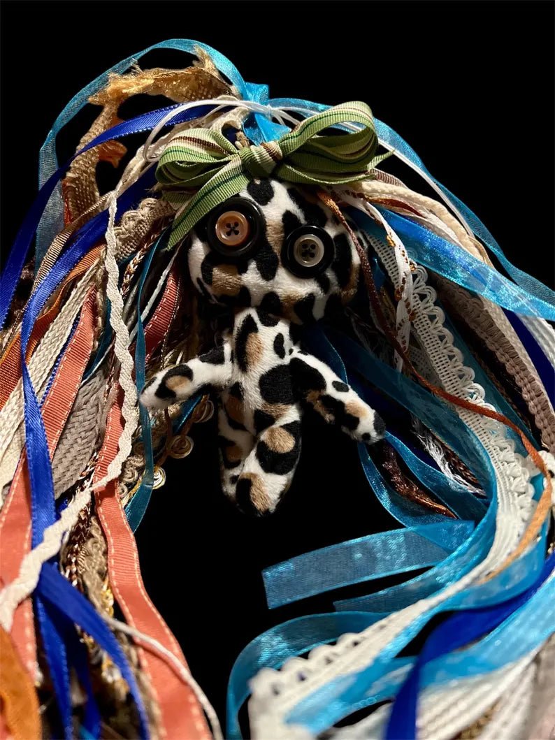 Misfit Minis Pebbles Doll – Handmade 5 - Inch Voodoo - Inspired Poppet with Sewn Ribbon Hair & Removable Green Bow - Lumiren The Haunted Cottage