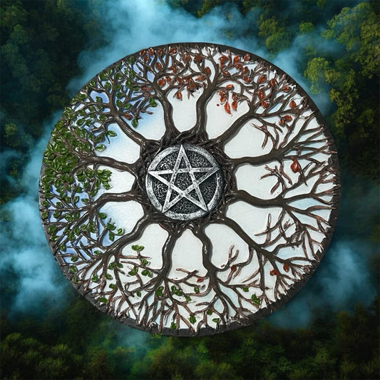 Celtic Wheel of Year Wall Decor crafted from durable polyresin. Perfect for Wiccan, Pagan, and Druid altars