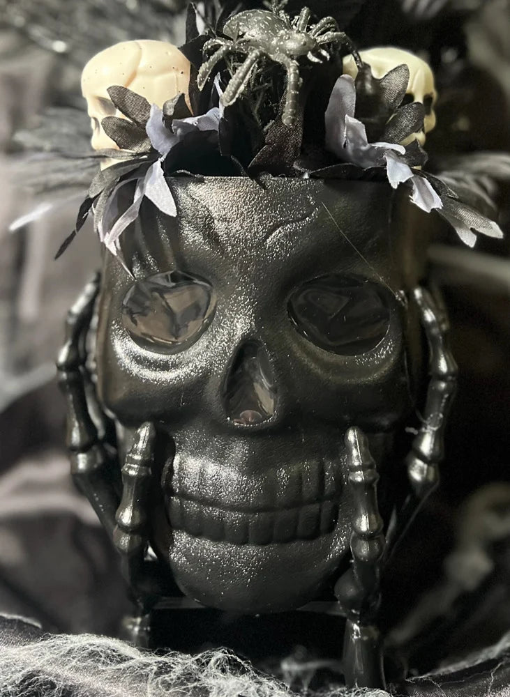 Gothic Skull Floral Arrangement: Halloween Black Roses & Spiders - Lumiren The Haunted Cottage
