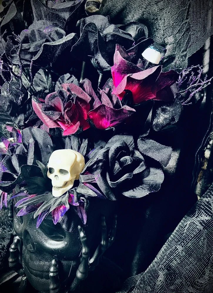 Gothic Skull Floral Arrangement | Black & Purple Roses with Skulls | Dark Halloween Decor - Lumiren The Haunted Cottage