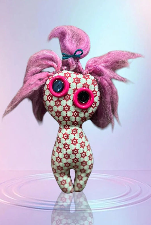 80s Vibe Handmade Poppet Doll – 7 - Inch Yarn Hair Doll with Styled Brushed Yarn, One - of - a - Kind New Materials - Lumiren The Haunted Cottage