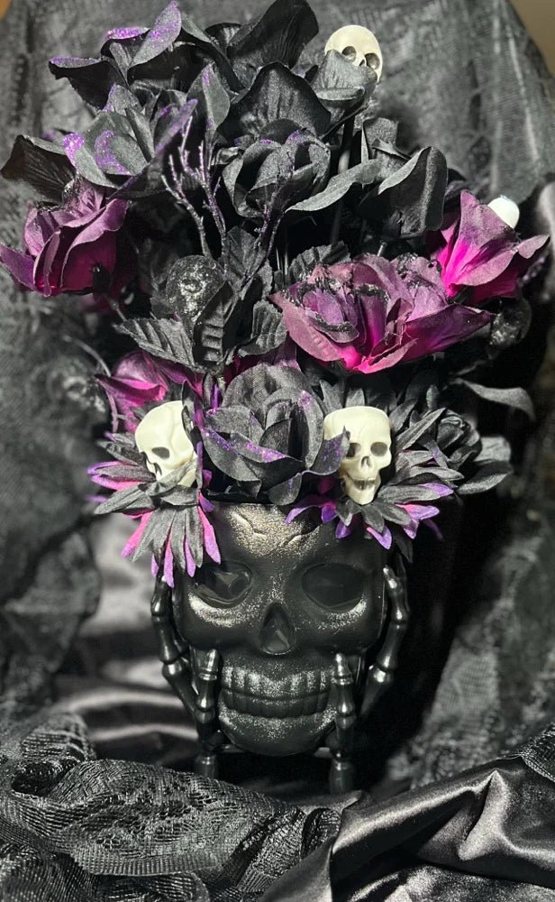 Gothic Skull Floral Arrangement | Black & Purple Roses with Skulls | Dark Halloween Decor - Lumiren The Haunted Cottage