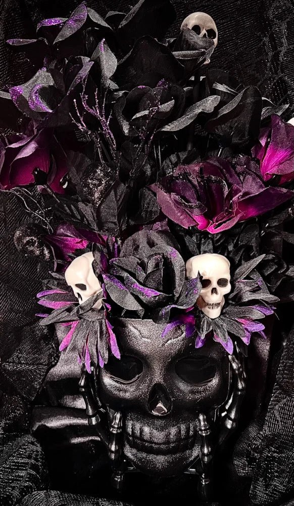 Gothic Skull Floral Arrangement | Black & Purple Roses with Skulls | Dark Halloween Decor - Lumiren The Haunted Cottage