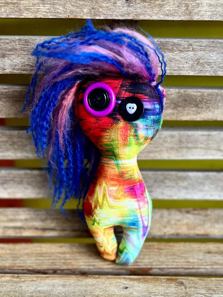 80s Style Handmade Poppet Doll – 7 - Inch Yarn Hair Doll with Styled Brushed Yarn, Unique New Materials - Lumiren The Haunted Cottage