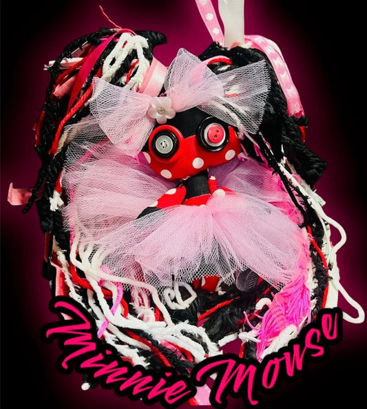 One-of-a-kind handmade Minnie Mouse voodoo poppet with removable accessories and pink tutu.