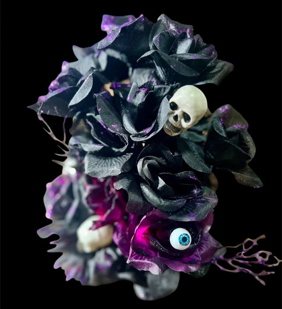 Gothic Skull Floral Arrangement | Black & Purple Roses with Skulls | Dark Halloween Decor - Lumiren The Haunted Cottage