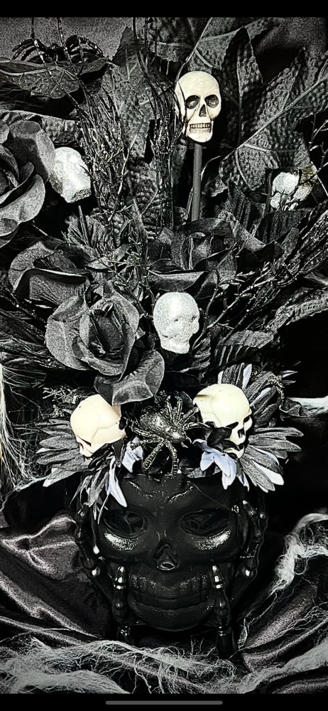 Gothic Skull Floral Arrangement: Halloween Black Roses & Spiders - Lumiren The Haunted Cottage