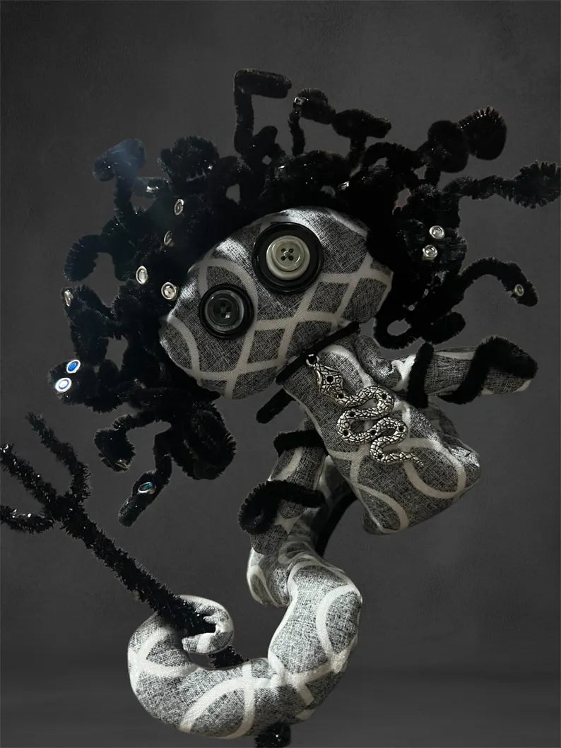 Medusa art doll with poseable serpent hair. Perfect for Greek mythology collectors, witchcraft altars, and gothic decor.