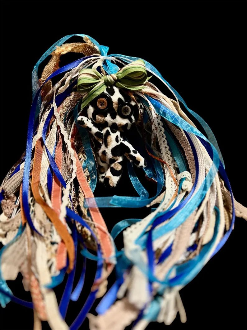 Misfit Minis Pebbles Doll – Handmade 5 - Inch Voodoo - Inspired Poppet with Sewn Ribbon Hair & Removable Green Bow - Lumiren The Haunted Cottage