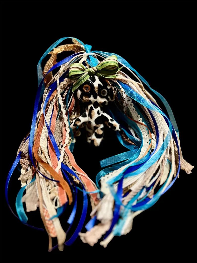 Misfit Minis Pebbles Doll – Handmade 5 - Inch Voodoo - Inspired Poppet with Sewn Ribbon Hair & Removable Green Bow - Lumiren The Haunted Cottage