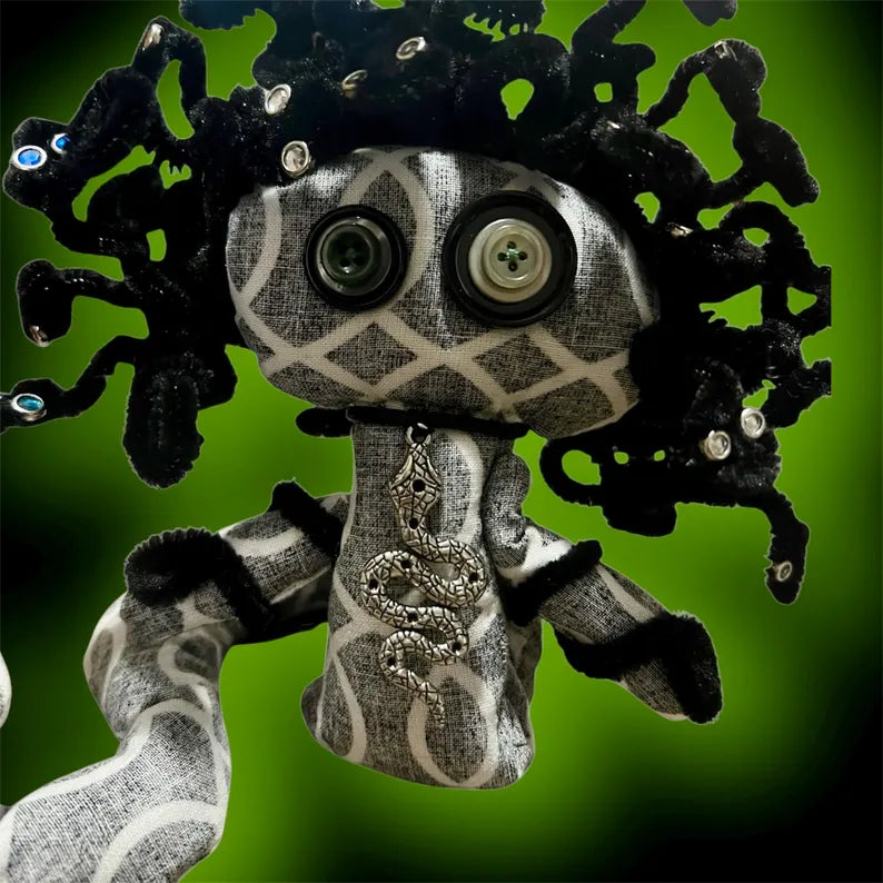 Handmade Medusa snake goddess art doll. Perfect for Greek mythology collectors, witchcraft altars, and gothic decor.