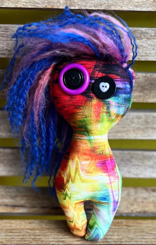 80s Style Handmade Poppet Doll – 7 - Inch Yarn Hair Doll with Styled Brushed Yarn, Unique New Materials - Lumiren The Haunted Cottage