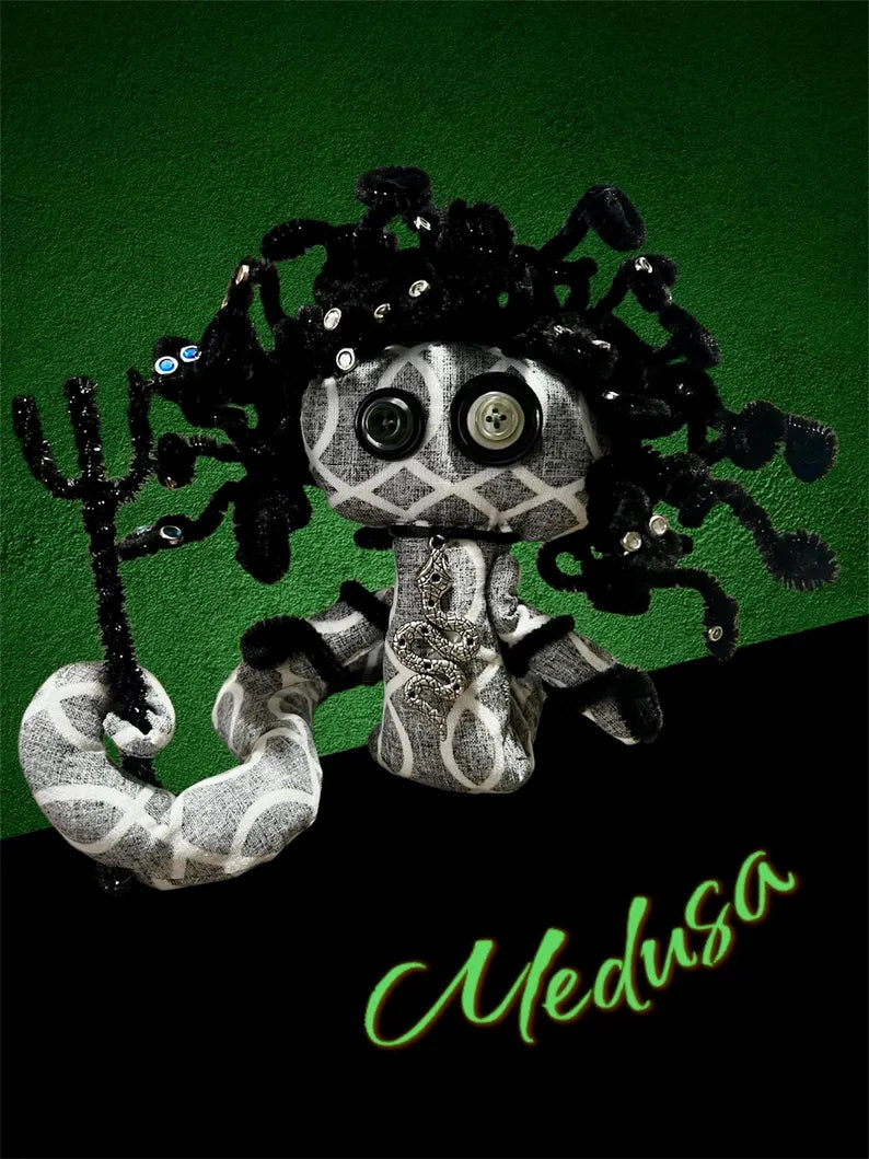 Handmade Medusa snake goddess art doll with poseable serpent hair. Perfect for Greek mythology collectors, witchcraft altars, and gothic decor. One-of-a-kind.