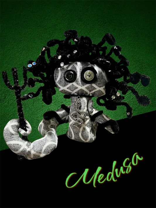Handmade Medusa snake goddess art doll with poseable serpent hair. Perfect for Greek mythology collectors, witchcraft altars, and gothic decor. One-of-a-kind.