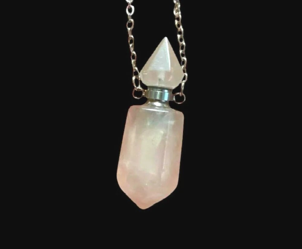 Rose Quartz Perfume Bottle Necklace: Crystal Oil Pendant, Stainless Steel Chain - Lumiren The Haunted Cottage