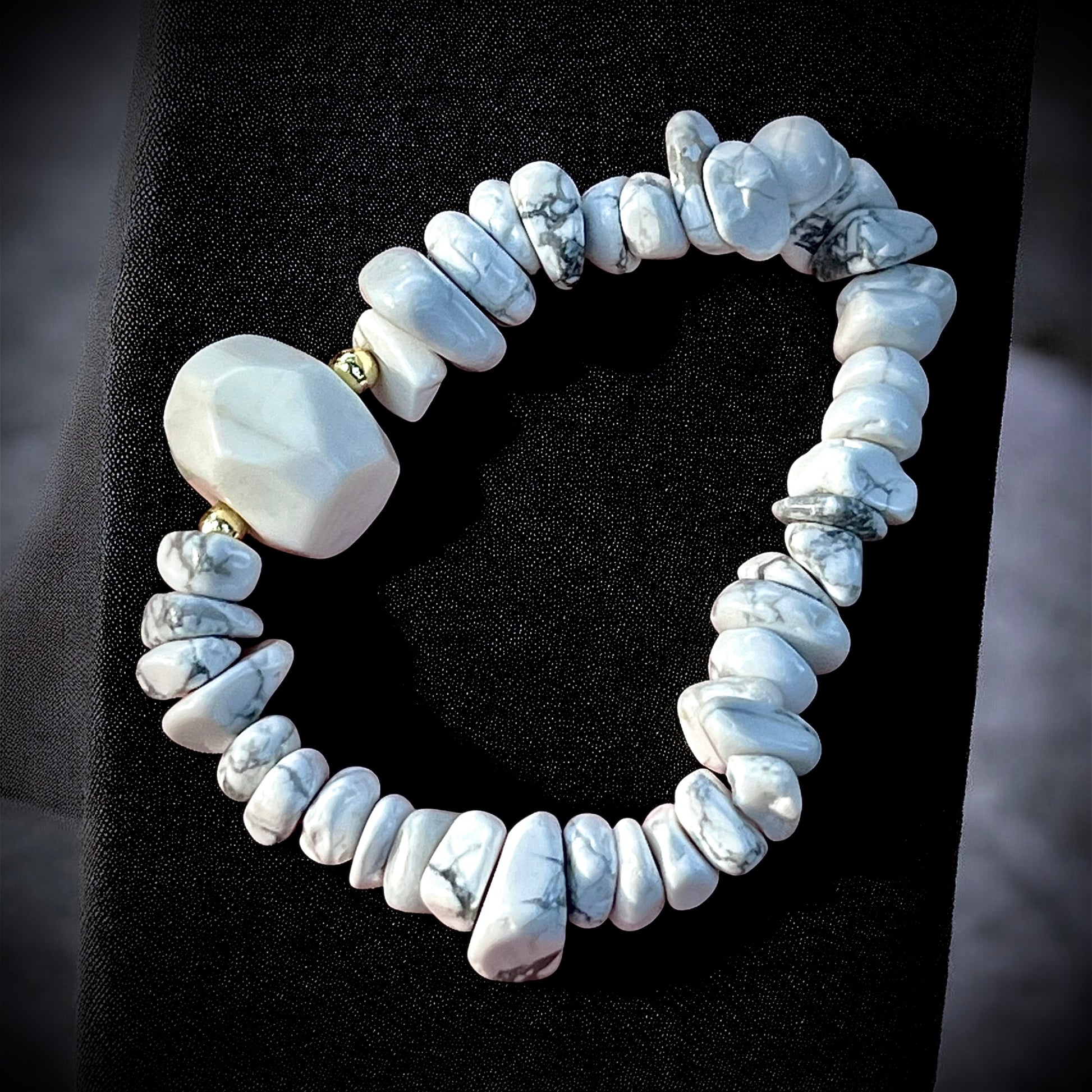 Natural howlite crystal bracelet for calming energy, stress relief, and better sleep.