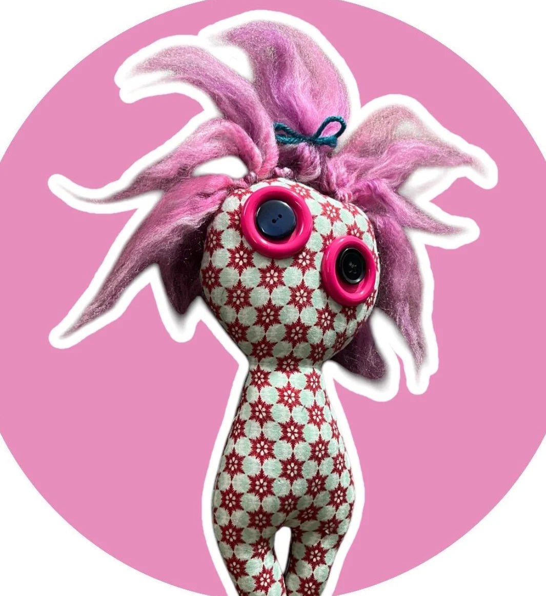 80s Vibe Handmade Poppet Doll – 7 - Inch Yarn Hair Doll with Styled Brushed Yarn, One - of - a - Kind New Materials - Lumiren The Haunted Cottage