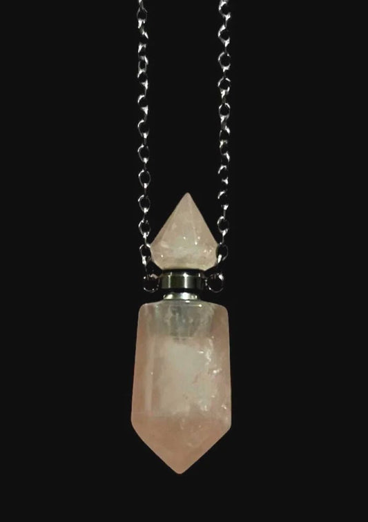 Rose Quartz Perfume Bottle Necklace: Crystal Oil Pendant, Stainless Steel Chain - Lumiren The Haunted Cottage