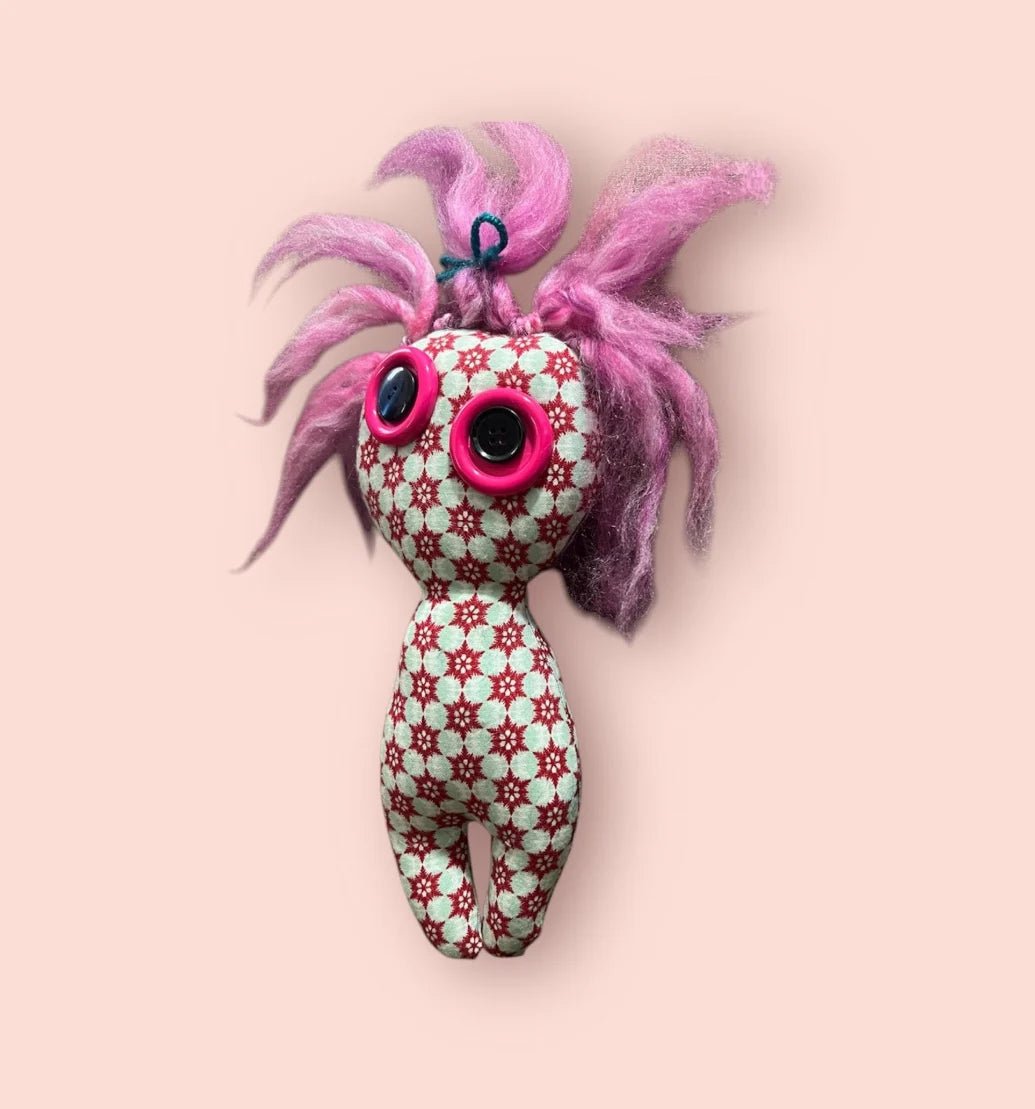 80s Vibe Handmade Poppet Doll – 7 - Inch Yarn Hair Doll with Styled Brushed Yarn, One - of - a - Kind New Materials - Lumiren The Haunted Cottage