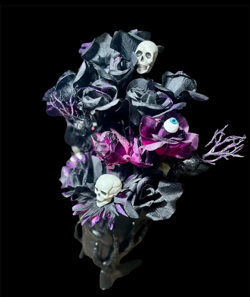 Gothic Skull Floral Arrangement | Black & Purple Roses with Skulls | Dark Halloween Decor - Lumiren The Haunted Cottage