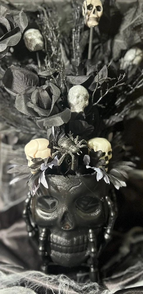 Gothic Skull Floral Arrangement: Halloween Black Roses & Spiders - Lumiren The Haunted Cottage