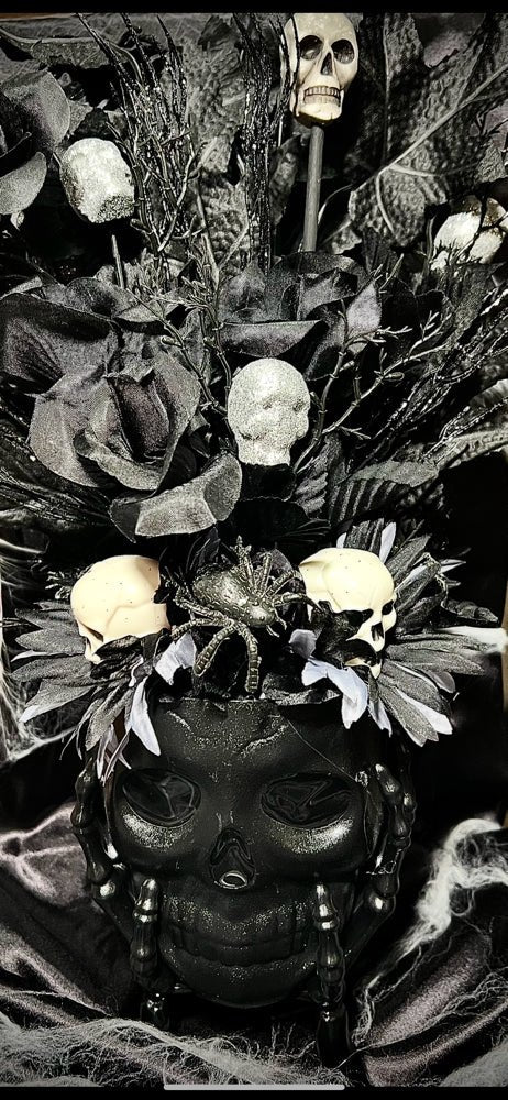 Gothic Skull Floral Arrangement: Halloween Black Roses & Spiders - Lumiren The Haunted Cottage
