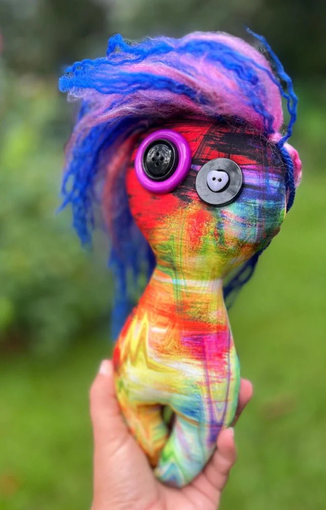 80s Style Handmade Poppet Doll – 7 - Inch Yarn Hair Doll with Styled Brushed Yarn, Unique New Materials - Lumiren The Haunted Cottage