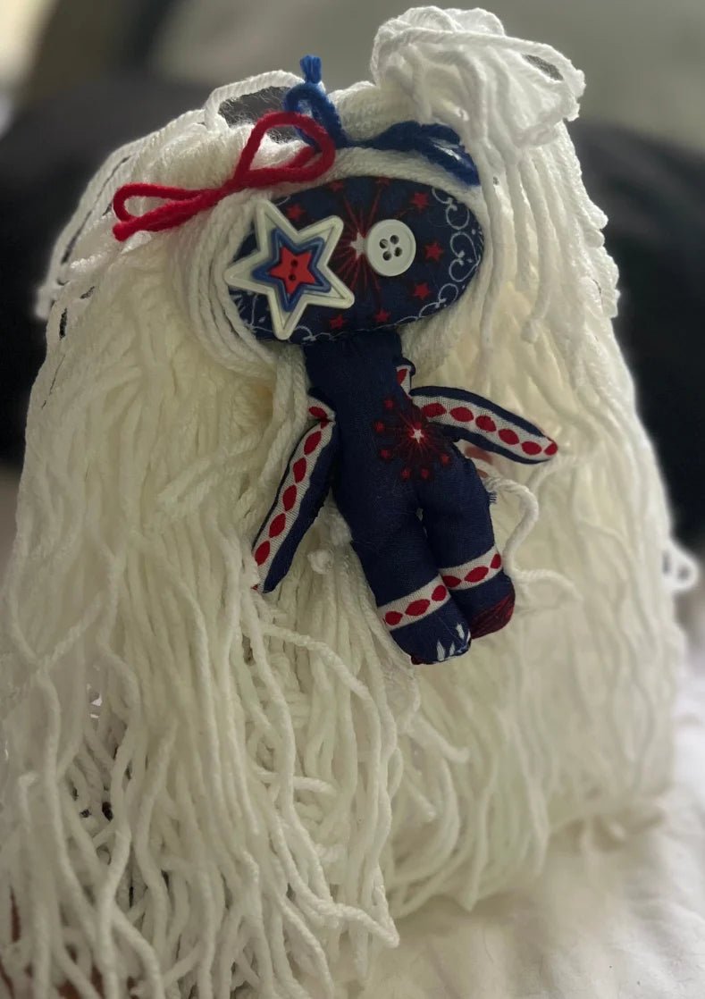 Red, White, and Blue Misfit Mini Poppet Doll with Yarn Hair - Lumiren The Haunted Cottage