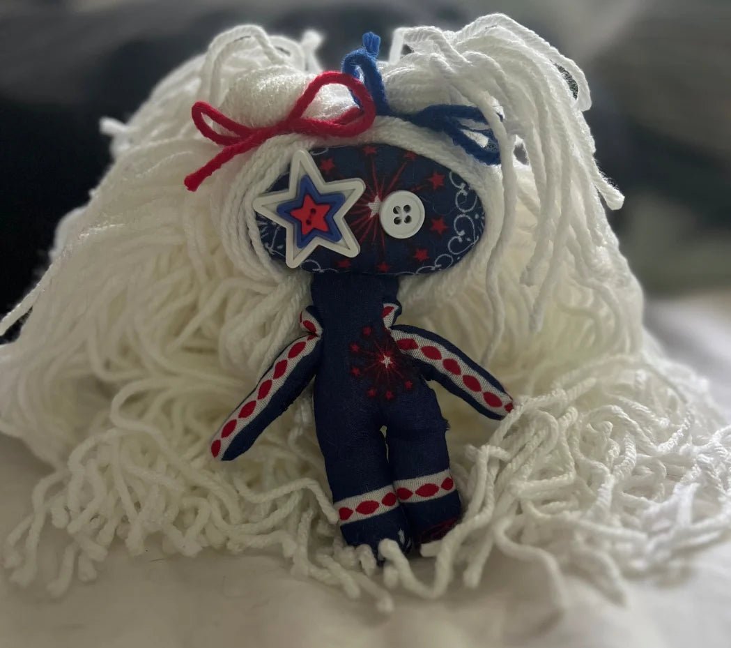 Red, White, and Blue Misfit Mini Poppet Doll with Yarn Hair - Lumiren The Haunted Cottage