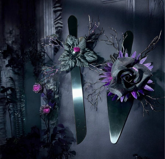 Black stainless steel cake knife and server set with removable gothic floral and spider accents. Perfect for gothic weddings